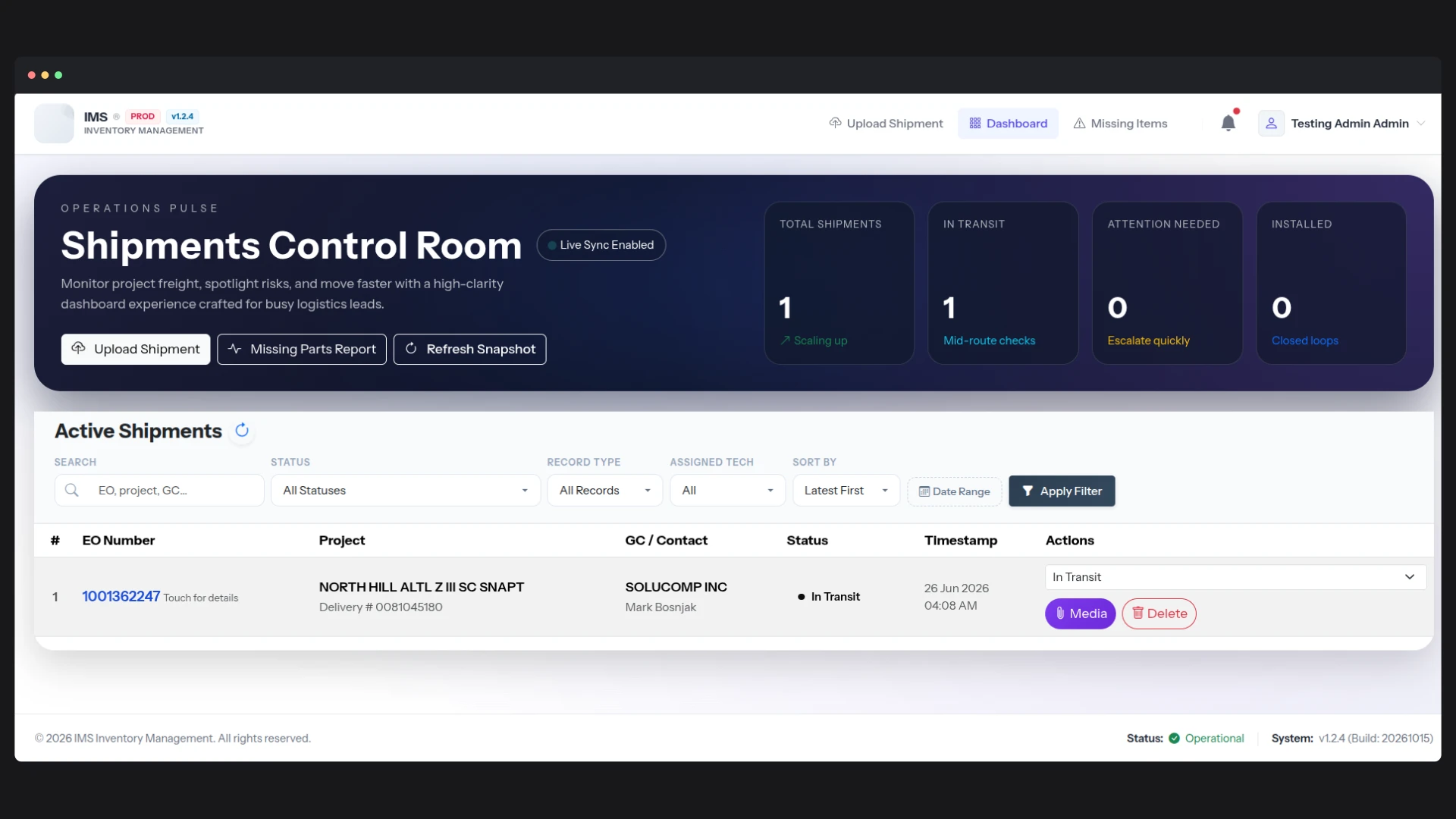Shipment Tracker & IMS — application interface